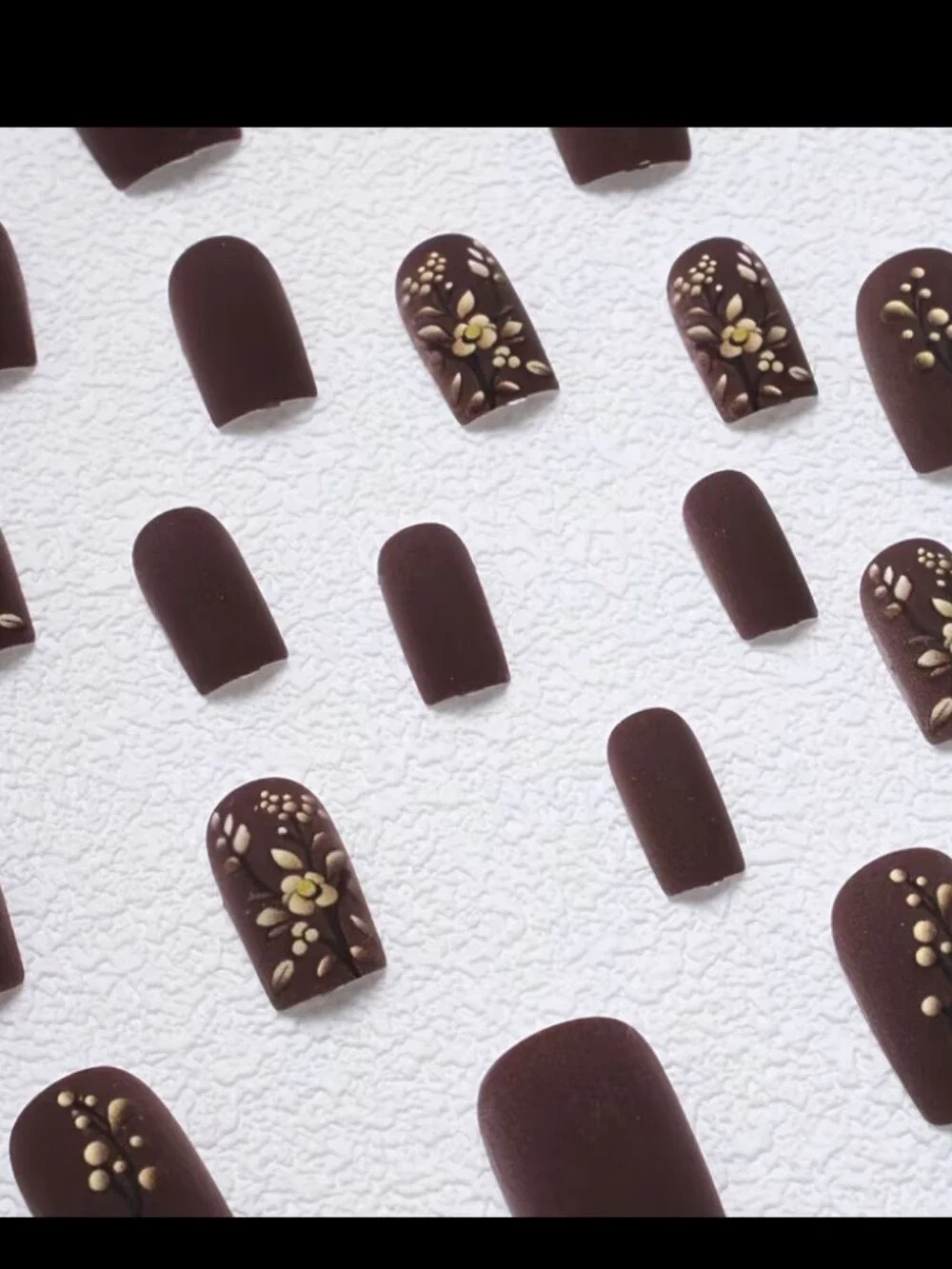 🔥3/$21 Matte Chocolate Brown Floral Accent Press-On Nails - Women Makeup